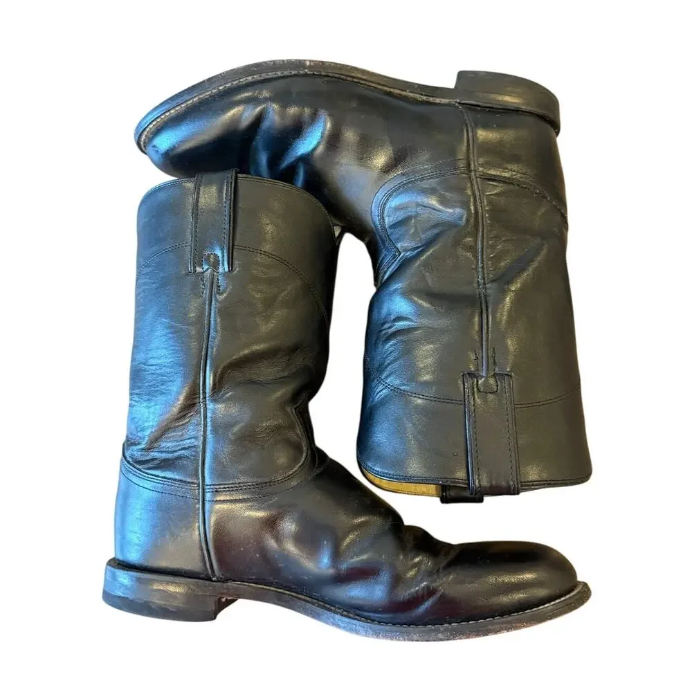 JUSTIN Black Roper Western Leather Cowboy Boots Men size 9 EE